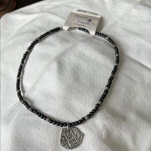 Black Bead Necklace with Silver Coin Pendant